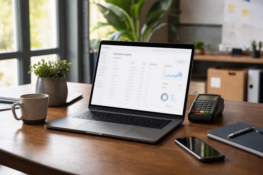Arbeitsplatz eines Gründers mit einem Laptop, auf dem ein Dashboard mit Zahlungseingängen zu sehen ist, daneben ein Kartenterminal, ein Notizbuch und ein Smartphone, Tageslicht